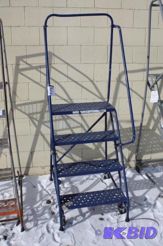 lot 312 image: Louisville Steel Warehouse Ladder 300 LBS. Weight Limit OSHA Compliant Blue wWheels.