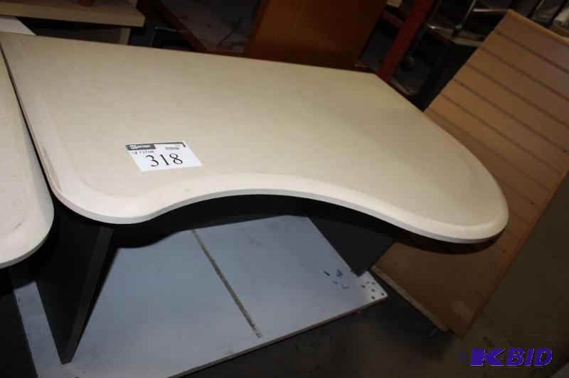 lot 318 image: Office Desk wCurved Ergonomic Top & Shelf Base Below 58 x 38 x 29.