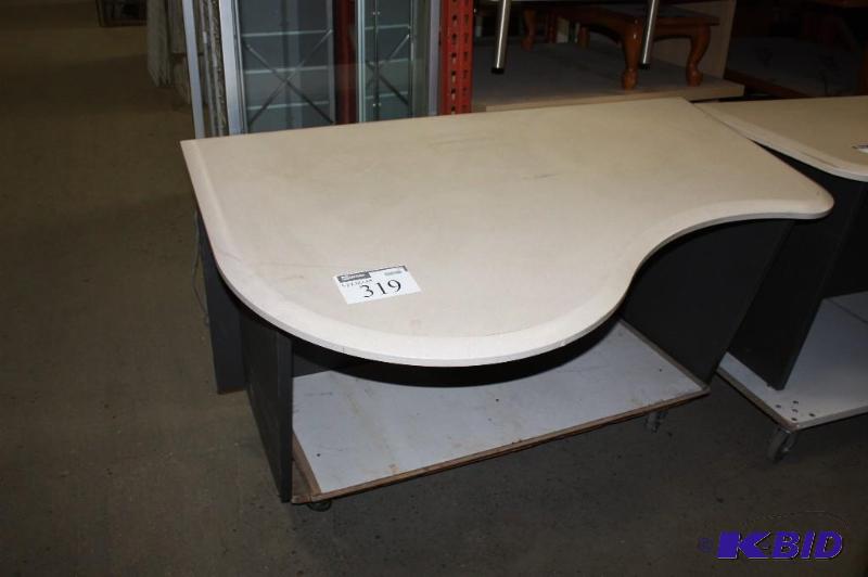 lot 319 image: Office Desk wCurved Ergonomic Top & Shelf Base Below 58 x 38 x 29.