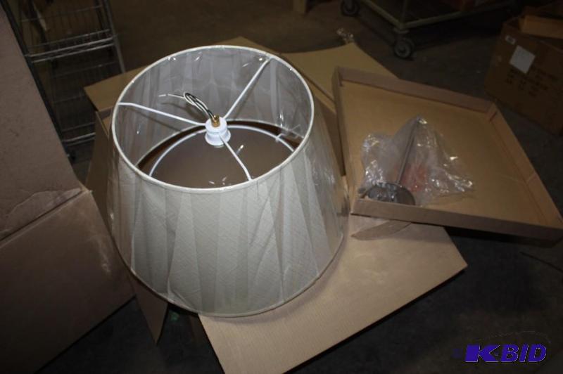 lot 334 image: Lot of (4) Hanging Ceiling Lights Beige Color wShades PD-4314 Model.