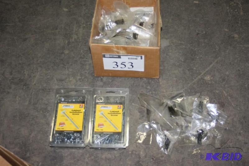 lot 353 image: Box Lot of Miscellaneous Hardware Including Cabinet Installation Screws, 100 ct And More.
