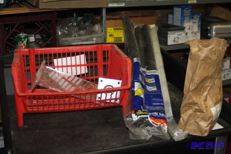 lot 377 image: Shelf Lot Including 34 Pipe Insulation Hangers Plastic Bin And More.