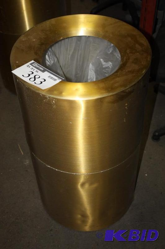 lot 383 image: Decorative Outdoor Trash Can Brass Colored Metal 2-Piece 18 x 18 x 32.