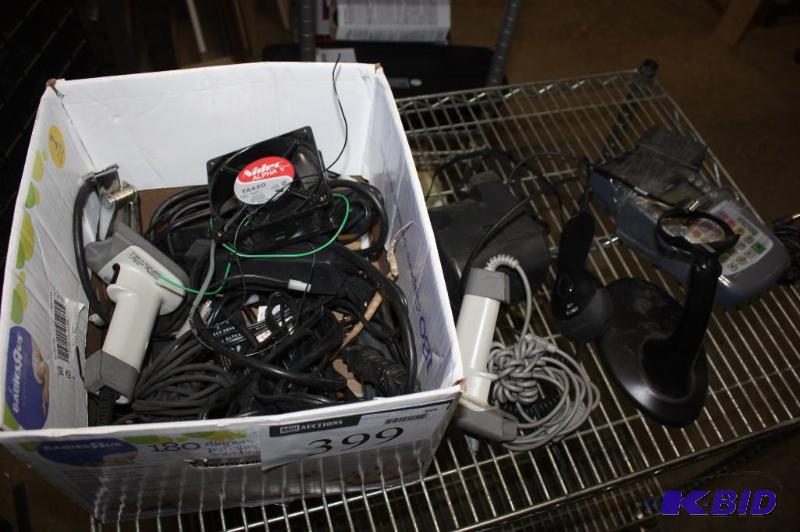lot 399 image: Box Lot Including psc quickscan 6000 plus Scan Gun Voyager Scanner nova verifone credit card