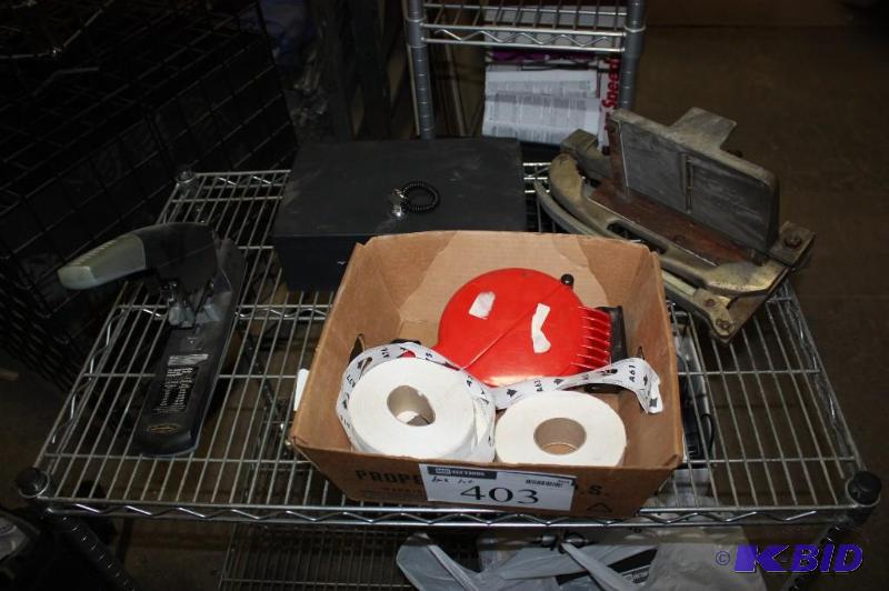lot 403 image: Box Lot Including Metal Lock Box wKey Take a Number Display wExtra Rolls And More.
