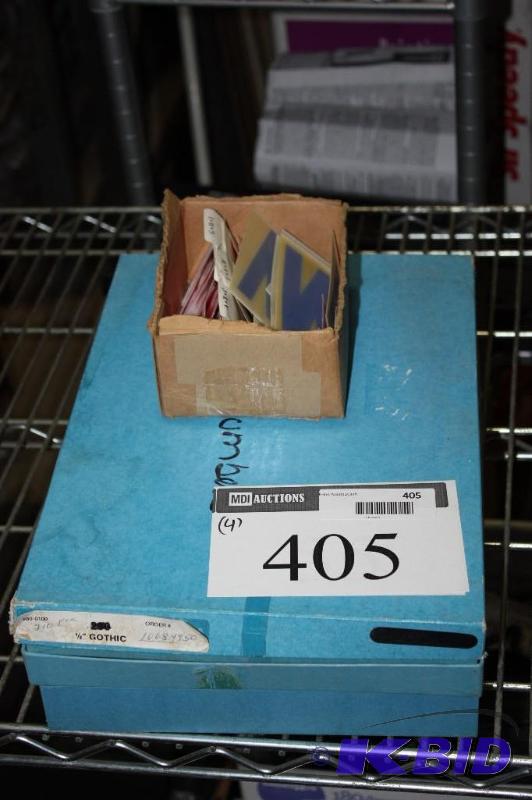 lot 405 image: Box Lot of Miscellaneous Plastic Letters & Numbers For Business Signs Includes Storage Container.