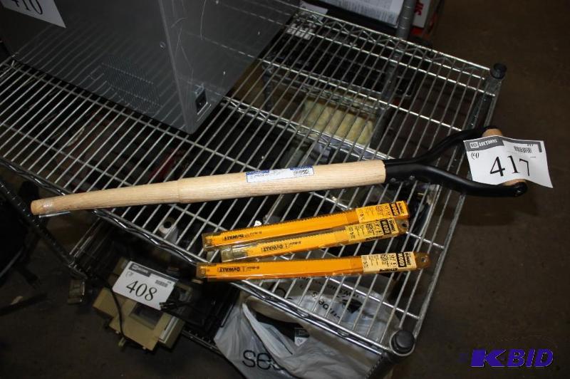 lot 417 image: Shelf Lot Including 30 Handle ShovelScoop DGrip Wooden Handle DeWalt Wood Bi-Metal Saw Blades.