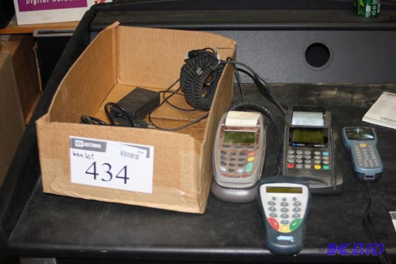 lot 434 image: Box Lot Including Verifone Nurit 8320 Credit Card Machine Unitech Scanner Cords And More.
