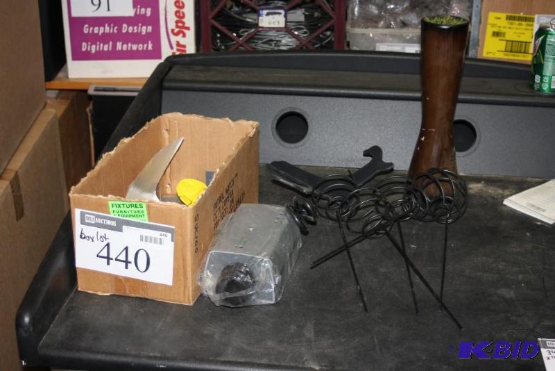 lot 440 image: Shelf Lot Including Ornamental Lawn Bulb Holders Decorative Weathervane Vase And More.