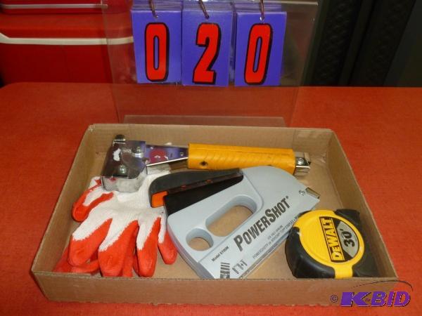 Flat of tools. As shown. Stapler, tape measur...