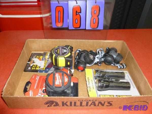 Flat of tape measures and led lights. New and...