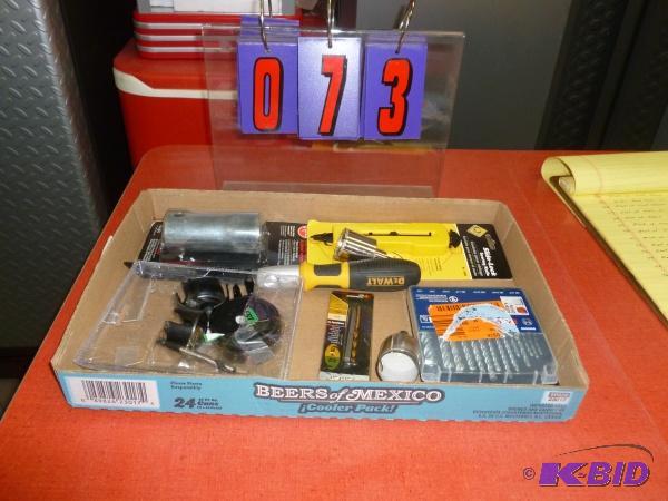 Flat of misc items. As shown. New and used. T...