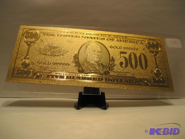 lot 34 image: 500 DOLLAR GOLD BILL, PURE 24K GOLD PRESSED ON TO A SPECIAL POLYCARBONATE TO MAKE THIS BILL