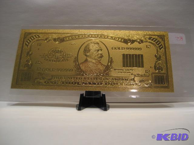 lot 35 image: 1000 DOLLAR GOLD BILL, PURE 24K GOLD PRESSED ON TO A SPECIAL POLYCARBONATE TO MAKE THIS BILLTHIS IS THE LAST OF THE LARGER DENOMINATION BILLS