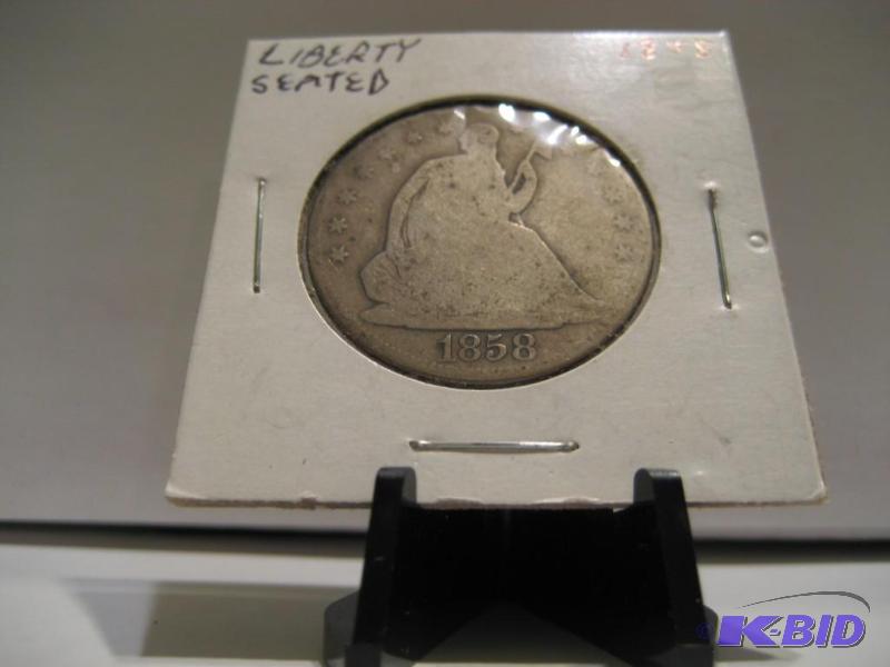 lot 55 image: 1858 SEATED LIBERTY HALF DOLLAR 90% SILVER