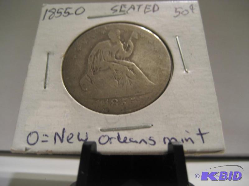 lot 66 image: 1855 O (NEW ORLEANS MINT) SEATED LIBERTY HALF DOLLAR 90% SILVER