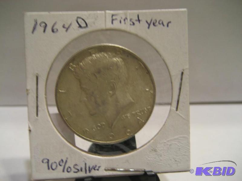 lot 71 image: 1964 D KENNEDY HALF DOLLAR, FIRST YEAR OF ISSUE, 90% SILVER