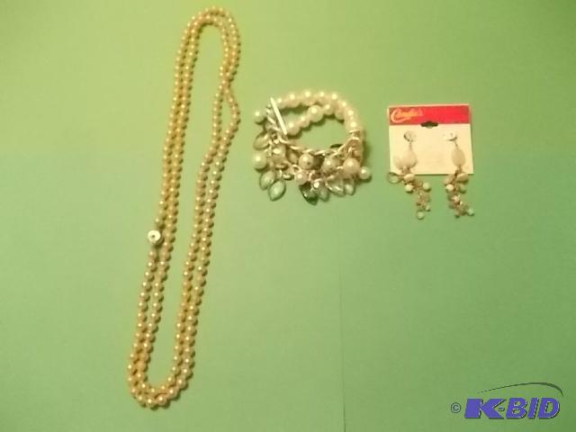Pearl Necklace, Stretch Bracelet, Pierced Ear...