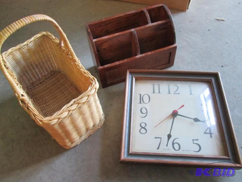 Small wood desk organizer, basket and clock...
