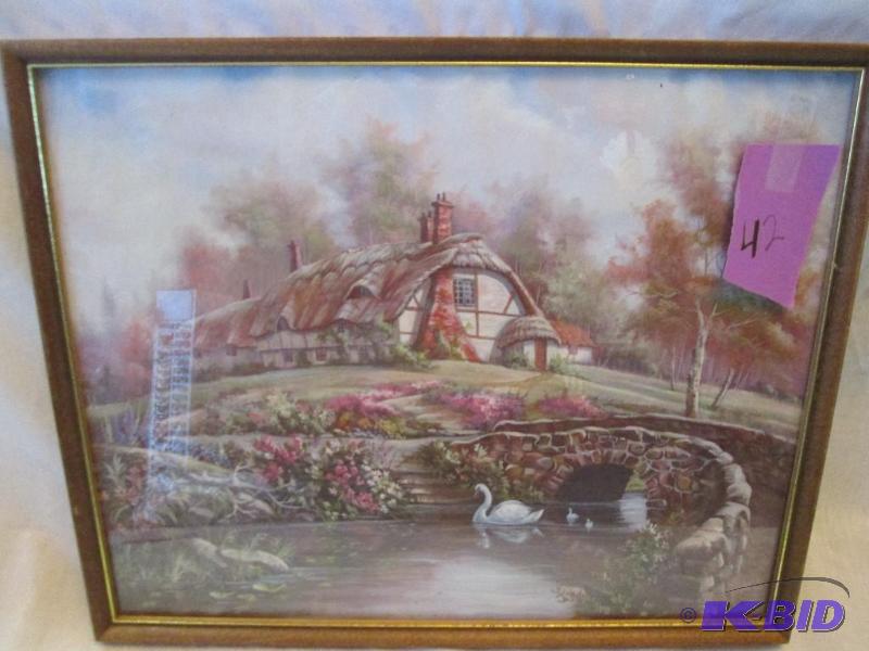 Framed pond scene with bridge 17 x 21...