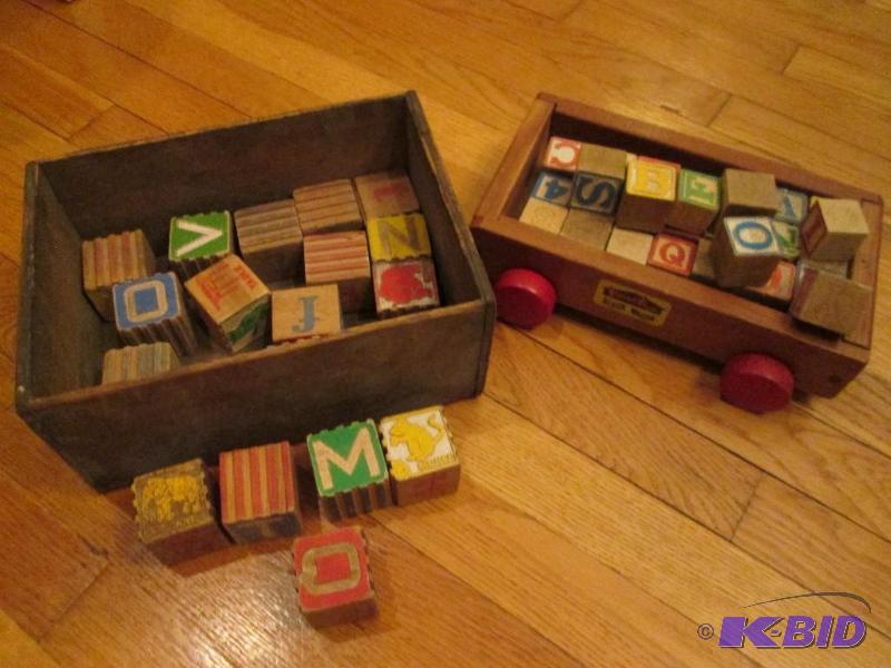 Wood box of large vintage wood blocks with a ...