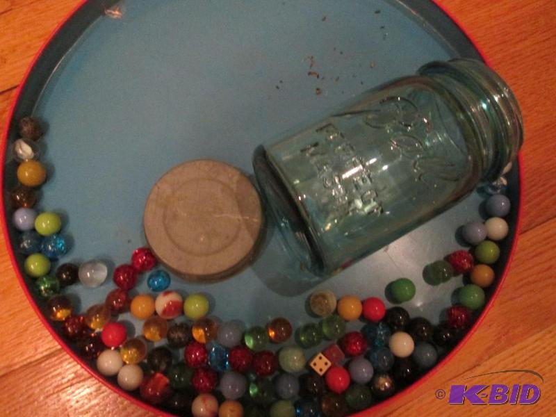 Blue Ball mason jar of vintage marbles, tray ...