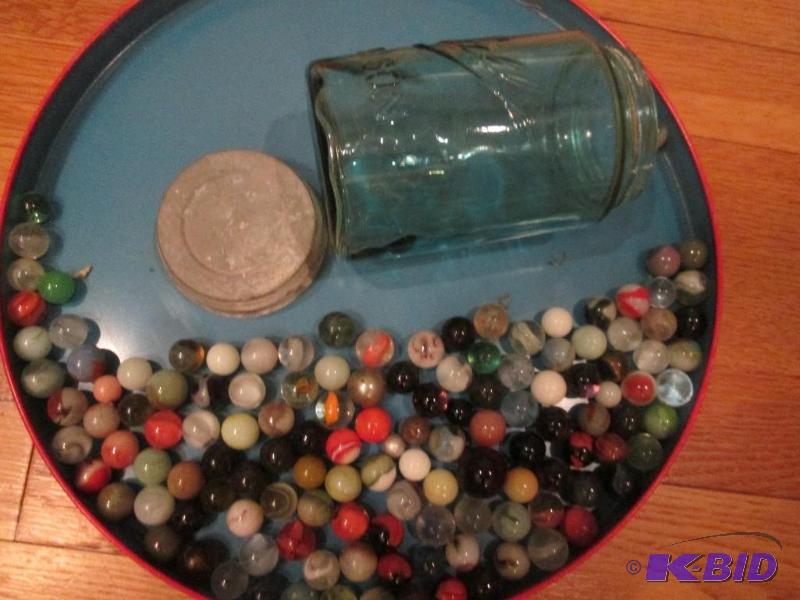 Blue Ball mason jar of vintage marbles, tray ...