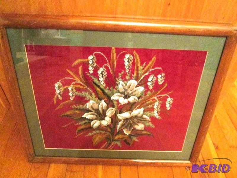 Needlepoint and beaded floral scene, framed 2...