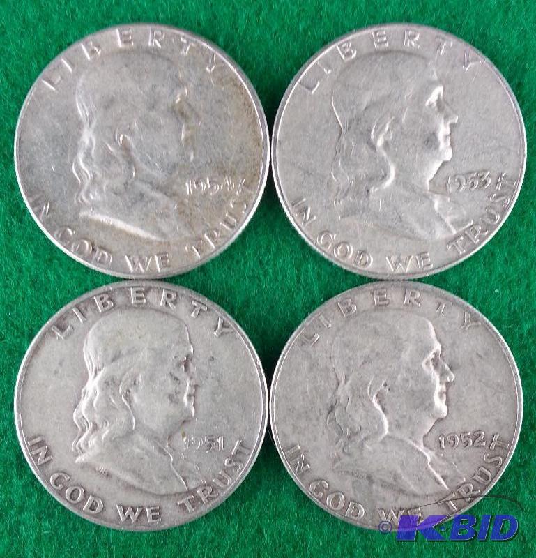 Lot of (4) Franklin Silver Half Dollars - var...
