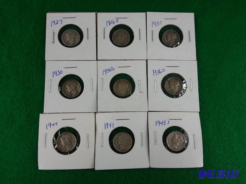 Lot of (9) Mercury Silver Dimes - various dat...