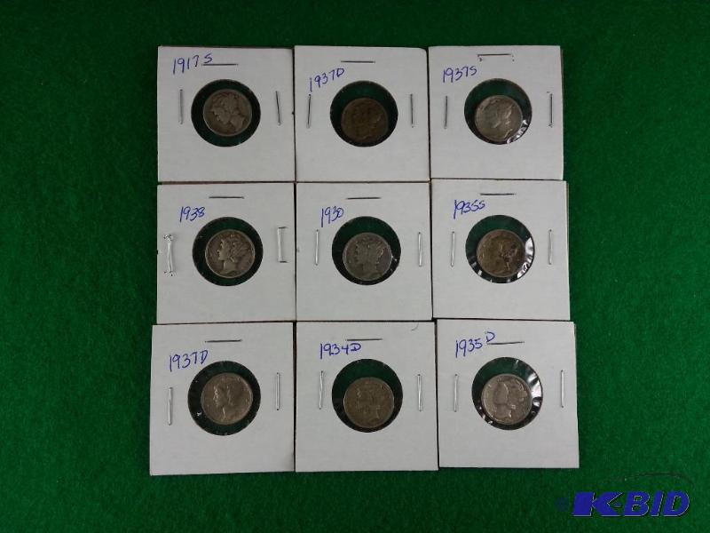 Lot of (9) Mercury Silver Dimes - various dat...