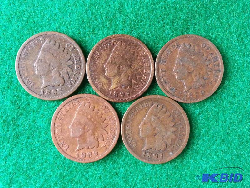 Lot of (5) Older Indian Head Cents - 1889, 18...
