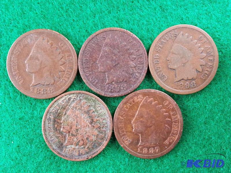Lot of (5) Older Indian Head Cents - 1887, 18...