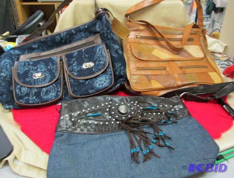 lot 126 image: Qty 3 purses one is tan, cream, brown, next o...