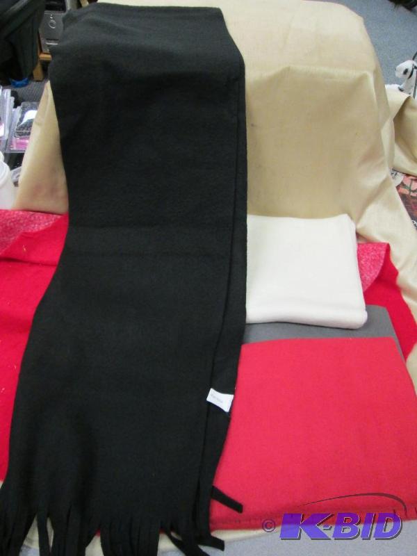 lot 138 image: 4 scarfs that are red, white, black, and gray...