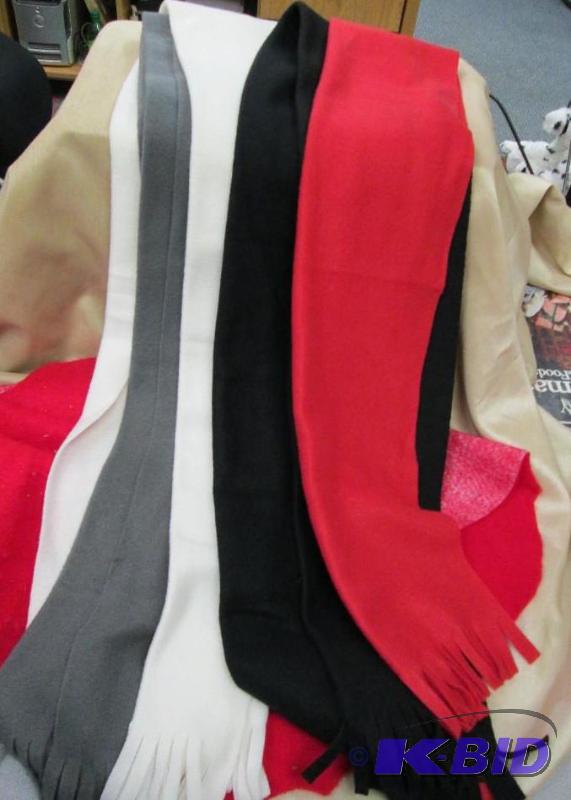 lot 143 image: 4 scarfs that are red, white, black, and gray...