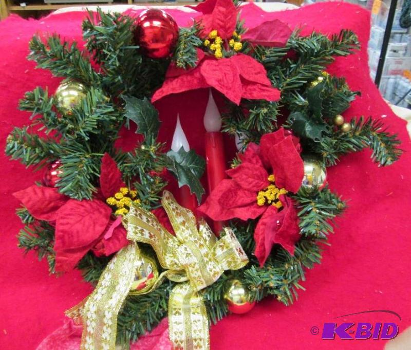 lot 165 image: Poinsettia wreath with illuminated candle acc...
