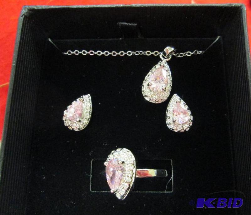lot 61 image: Necklace, earrings and ring with like pink st...