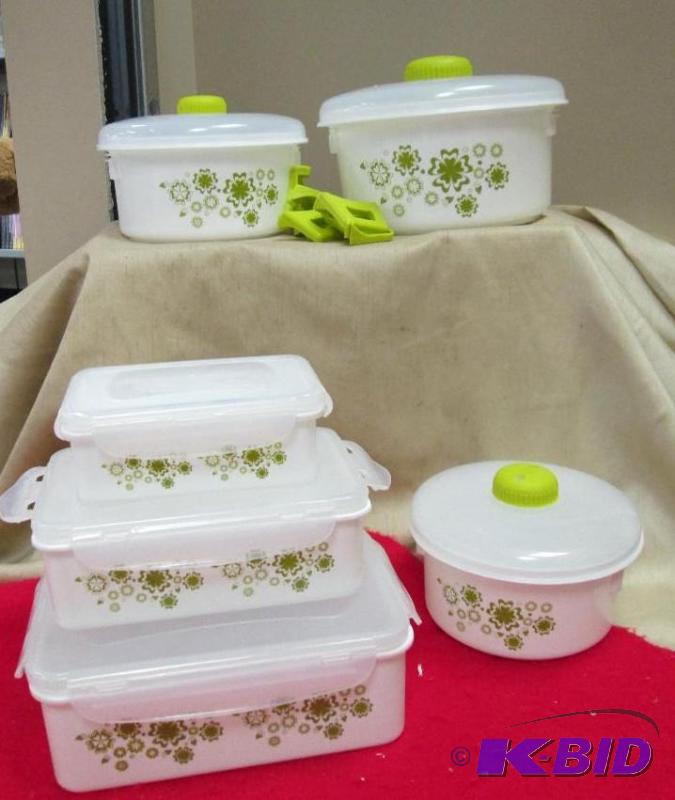 lot 95 image: Green Floral microwave cookware storage set o...