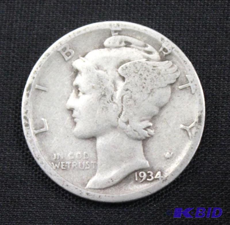 lot 13 image: 1934 Mercury Dime, D Mint Mark ...