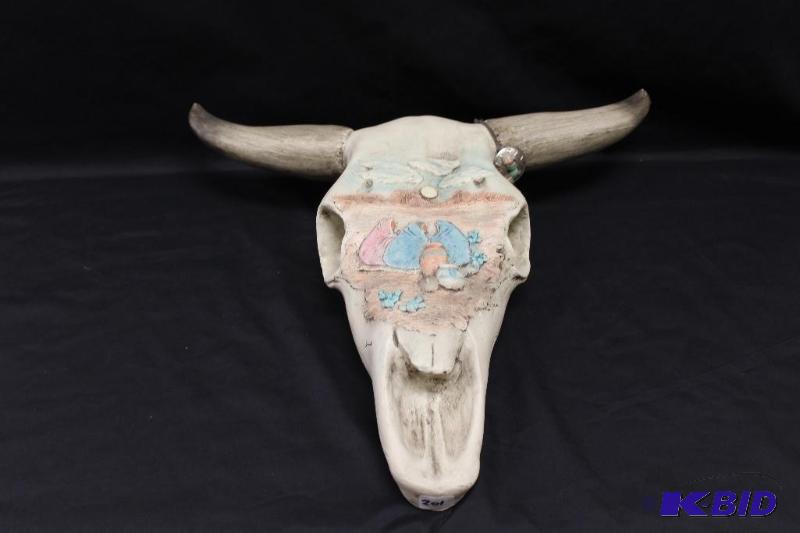 lot 201 image: Large Southwestern Themed bull horn and skull...