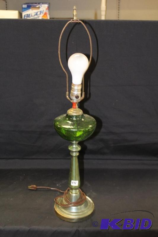 lot 54 image: Vintage Green Glass Lamp, Brass Base, tested ...