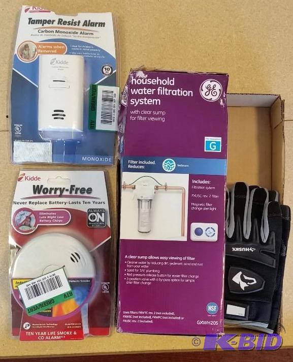 lot 10 image: GE Water Filtration system  Gloves  Kiddie Smoke detector   Kiddie CO Detector