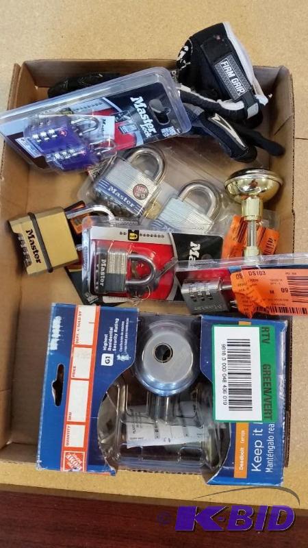 lot 12 image: 5 locks with keys  2 set of Door Handles  Pair of Gloves