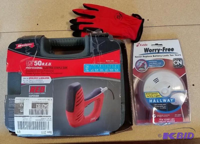 lot 13 image: Electric Staple Gun with Case  Night Light Smoke alarm  Gloves