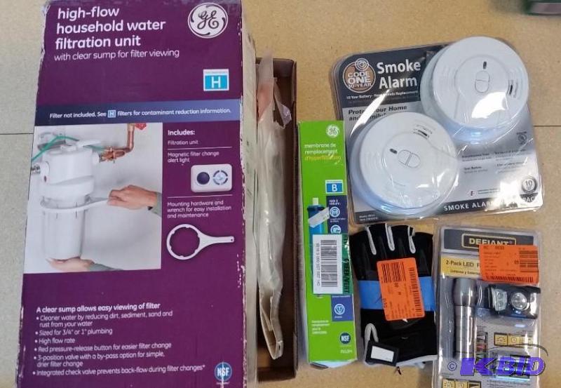 lot 18 image: Whole House water Filtration System  Smoke Alarms  Gloves  Head Lamp and Flashlight