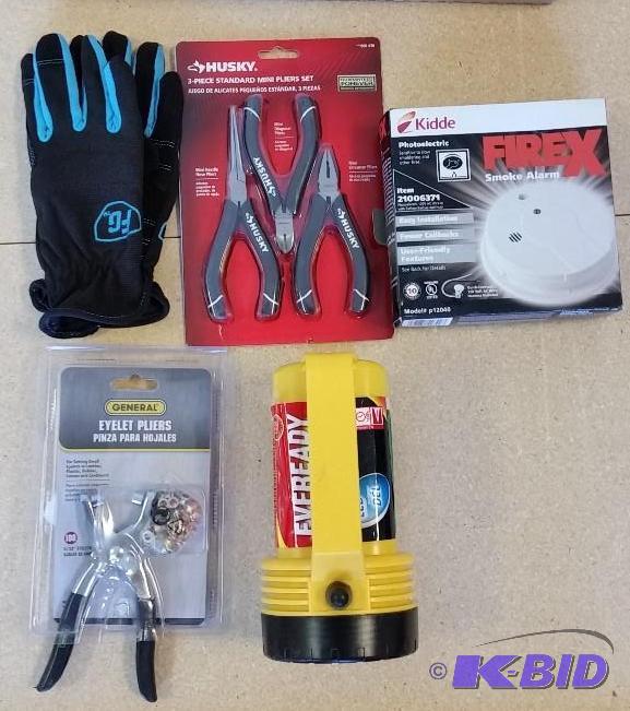 lot 2 image: Pliers  Gloves  Large LED Flashlight  Smoke Alarm