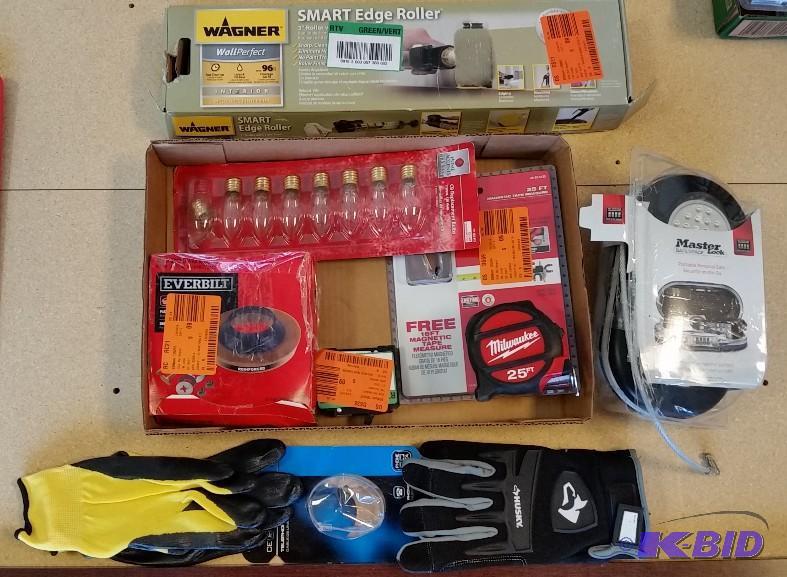 lot 20 image: Smart Edge Painting Roller  Portable Safe  Milwaukee Tape Measure   Electrical switches  Gloves