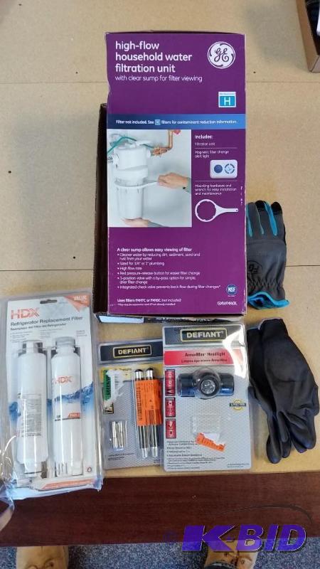 lot 22 image: Whole House Water Filtration System, Headlight, LED Pen Lights, Fridge Replacement Filter, Gloves
