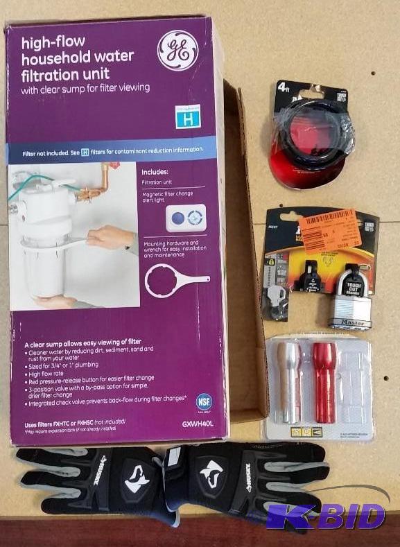 lot 24 image: Under Counter Water Filter Unit  Padlock wkey  Mini-Flashlights  4 meter Vinyl Cable  Gloves